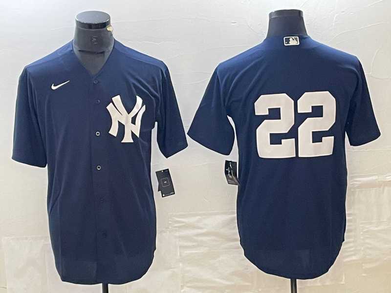 Men%27s New York Yankees #22 Juan Soto Navy Blue Cool Base Stitched Baseball Jersey